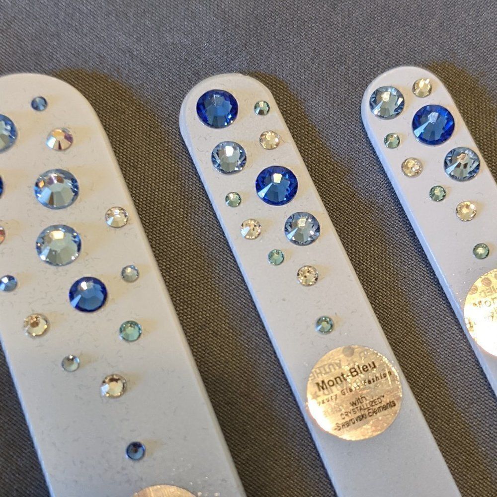 🆕SET OF 3 MONT BLEU DOUBLE SIDED WHITE GLASS NAIL FILES W/ SWAROVSKI CRYSTALS